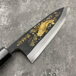 Sakai Takayuki Gold Filled Engraving by Kubota Michiko Akari Series “Koi”(carp) Deba 180mm