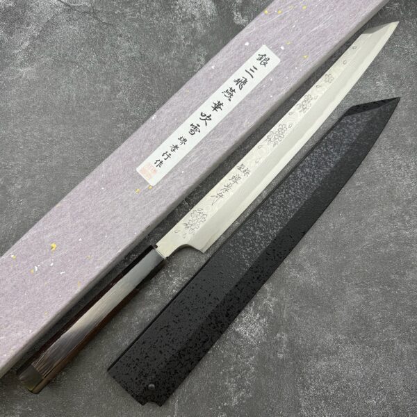 Hana Fubuki Sakai Takayuki x Yamatsuka Shougo Ginsan Damascus Engraver by Michiko Yanagiba-kiritsuke 300mm